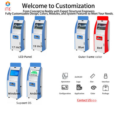 كشك الخدمة الذاتية مع شاشة لمس سعوية بعشر نقاط، وقبول نقدي، وموزع بطاقات، وشاشة TFT LCD
